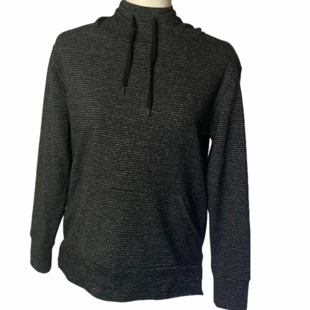 Champion Mock Neck Hoodie Sweatershirt Heathered Gray Black Stripe Womens XS